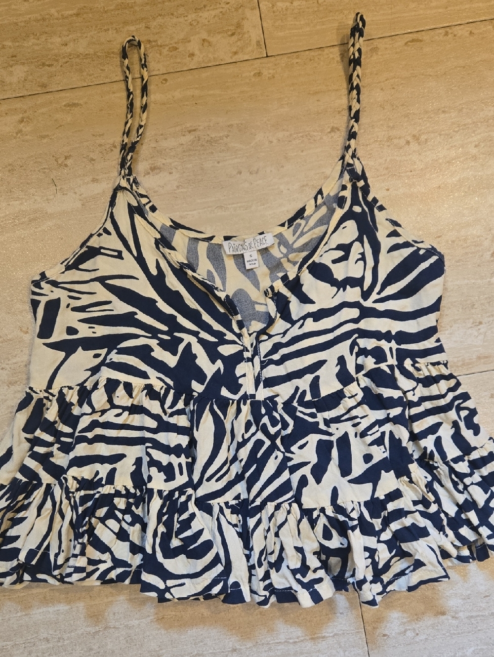 Patrons of Peace Navy/Cream Flowy Tiered Crop Boho/Festival Tank Top